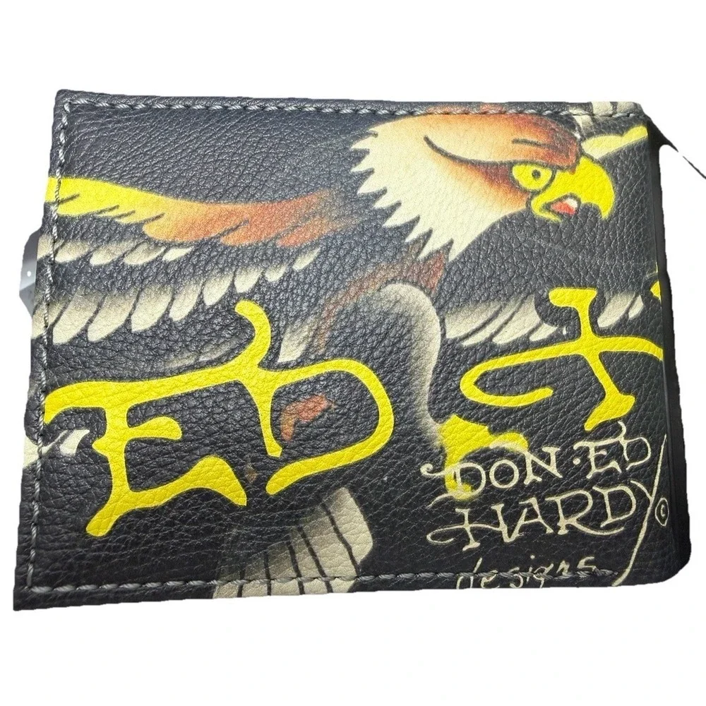 Ed Hardy Men's Black Wallet Bi-fold With Valet Tray PU Leather Eagle Tattoo New